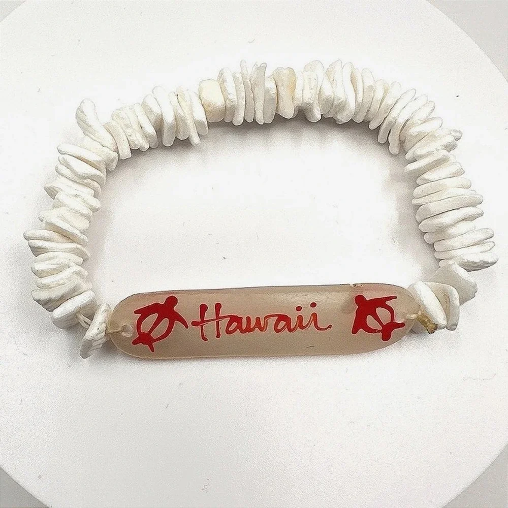 Vintage 90s‎ Hawaii Shell Heishe Bead Stretch Bracelet White Red Sea Turtle Honu